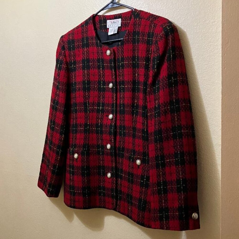 Vintage Talbots Womens Red Plaid Tweed Wool Pearl Button Blazer Jacket 16 Petite